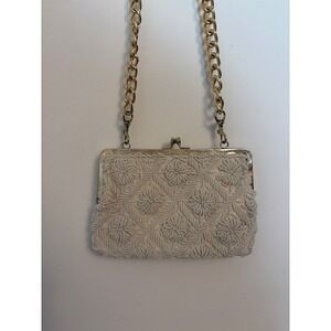 Walborg Beaded Clutch Bag Womens Small White Fair Vintage Crossbody Chain Strap